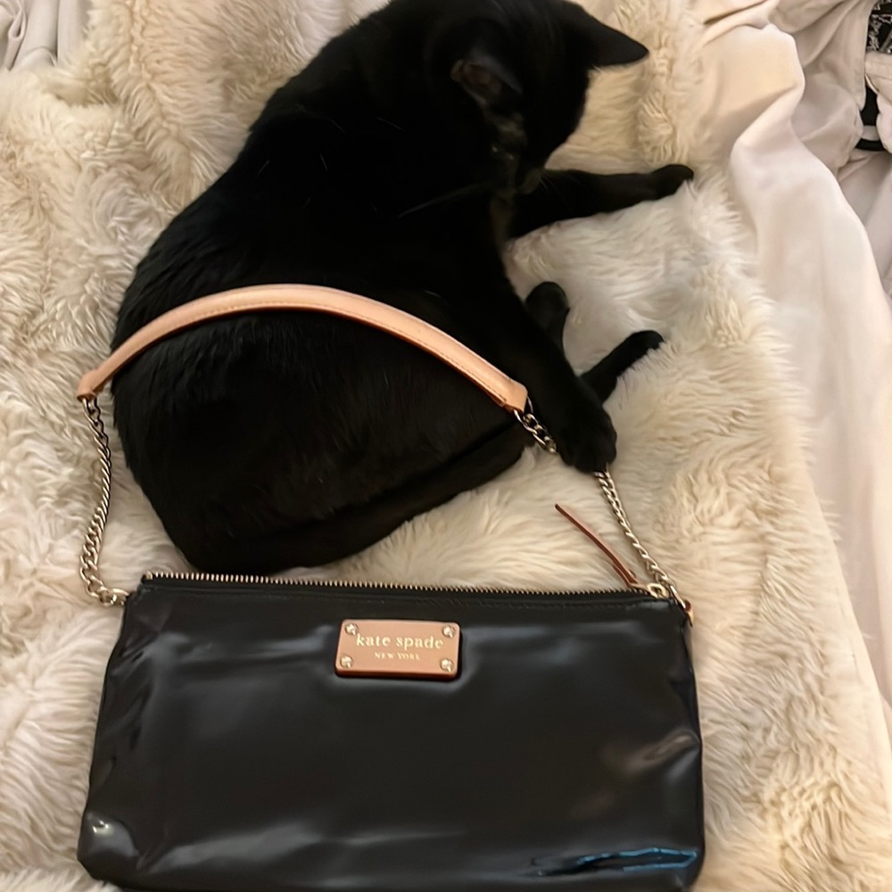 Kate Spade black patent leather bags with gold chain and tan leather